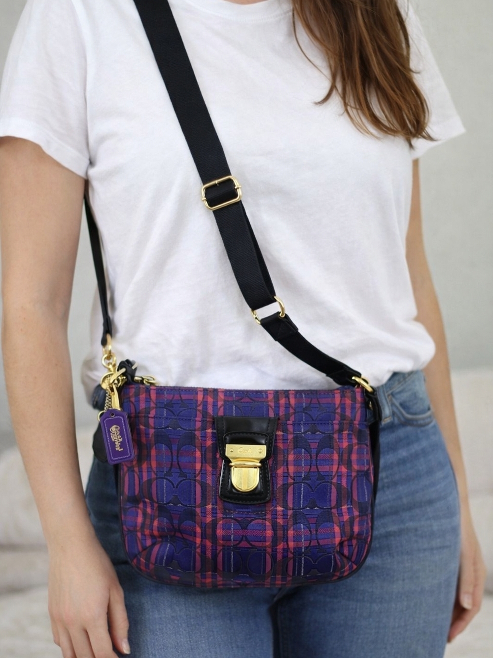 Coach Plaid Crossbody Bag Purple Pink Black Gold Hardware💜🖤